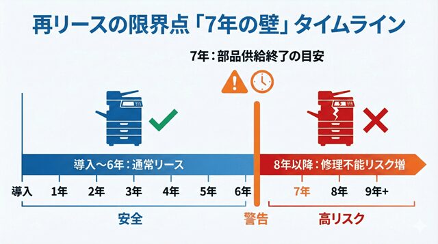 コピー機導入から部品供給終了(7年)までのリスク推移を示すタイムライン図。
