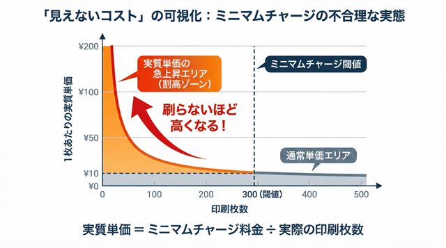 印刷枚数が減っても一定額まで料金が下がらないミニマムチャージの仕組みを示すグラフ。