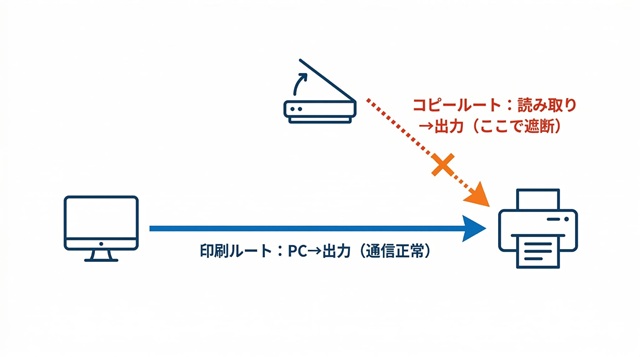 プリンター内部の「PC印刷」と「本体コピー」のデータ経路の違いを示す比較図解。