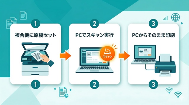 本体パネルを使わずPC操作のみでコピー資料を作成する「スキャンバイパス法」の3ステップ手順図。