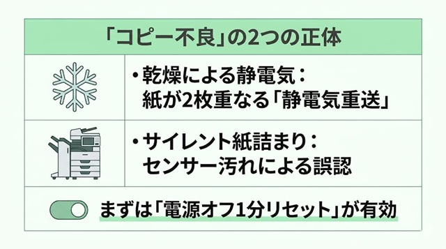 2026年におけるコピー不具合の主要原因「静電気」「OS権限」をまとめた要約カード。
