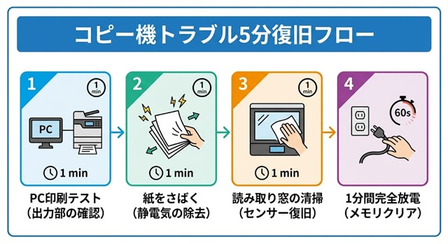 プリンターのコピー不具合を自力で解決するための4項目チェックリストの要約画像。