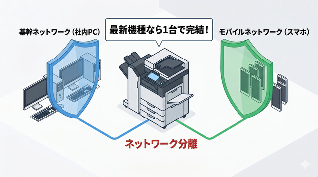 ユーザー認証とネットワーク分離を活用し、社内LANの安全を保ったままスマホ印刷を実現する最新業務用複合機のシステム概念図