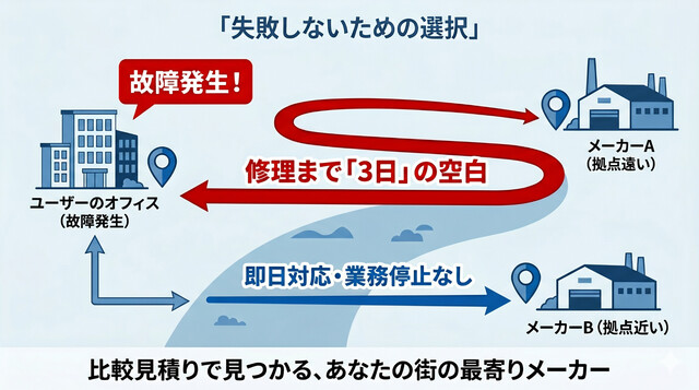 サービス拠点密度とダウンタイムの関係図。サービス拠点がオフィスに近いほど、故障時の業務停止リスク（失敗）を回避できることを示す相関イメージ図。